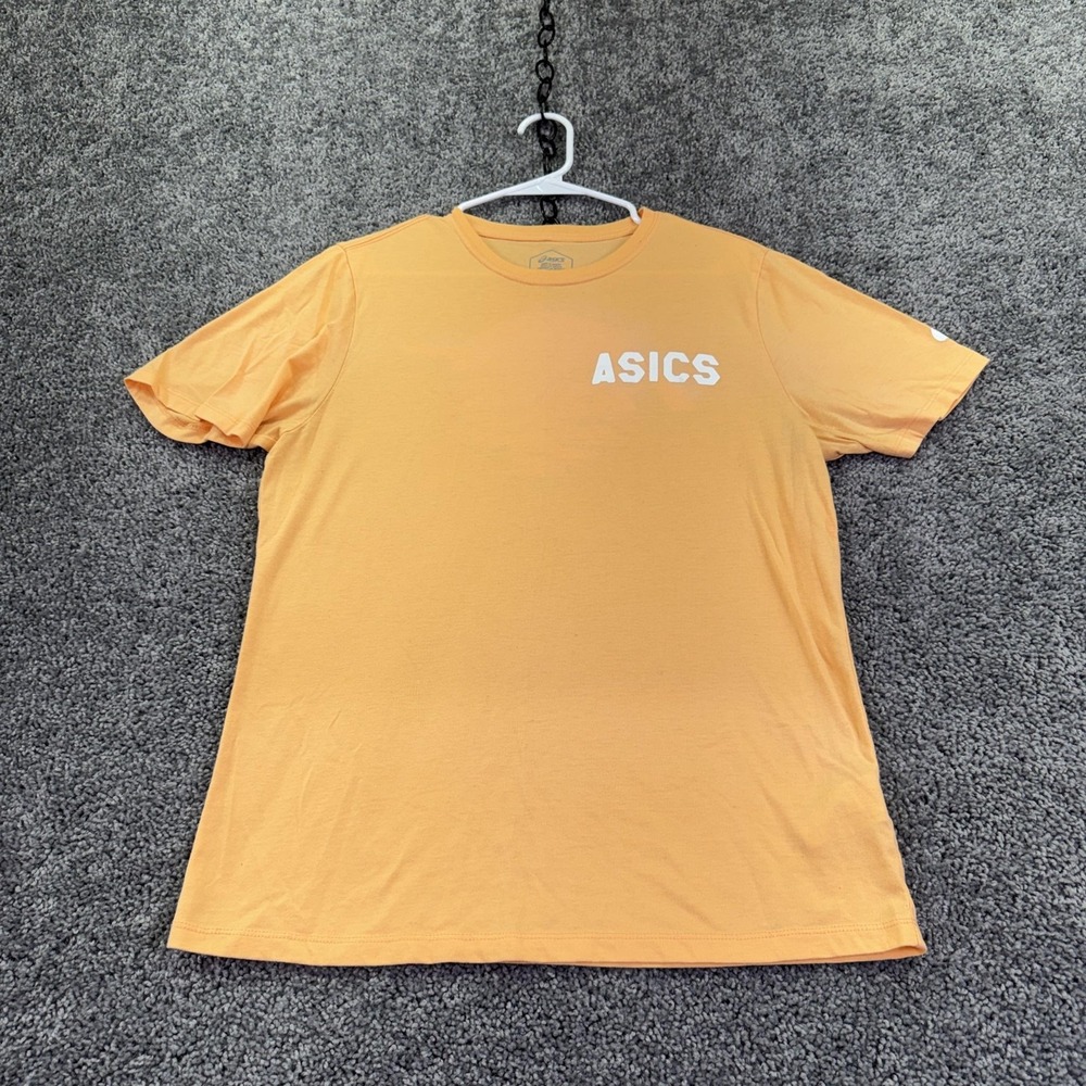 ASICS Shirt Mens Medium Orange Short Sleeve Sunset Logo Graphic Tee Tagless